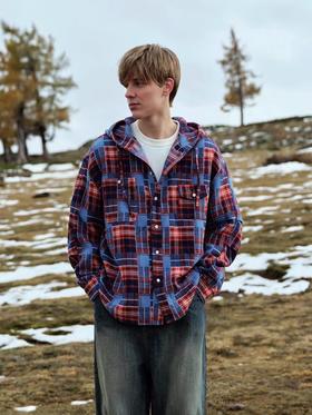 Evistub/E-4DCS939/色织美式复古刷毛格子连帽衬衫外套