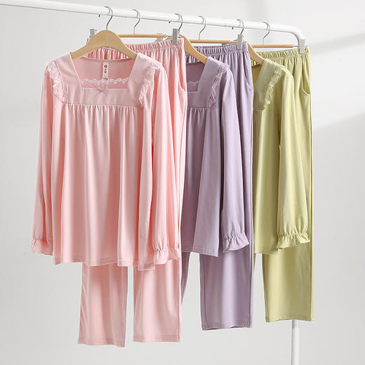 芬腾睡衣女春秋季方领蕾丝舒适套头长袖纯色甜美宫廷风家居服套装 商品图0