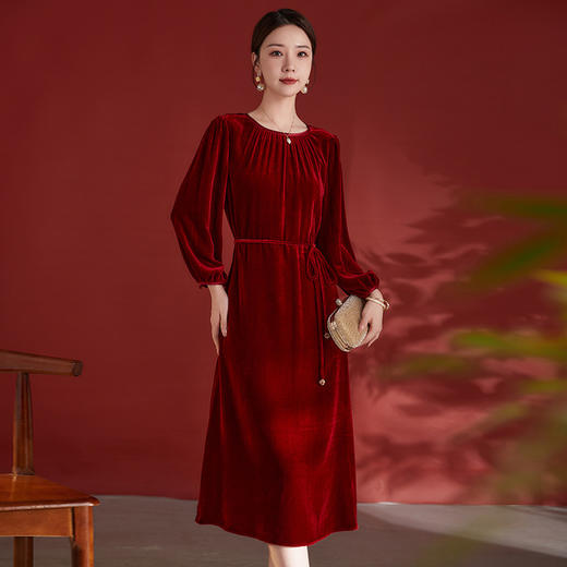 墨黛紫高级感长袖，桑蚕丝丝绒连衣裙SM-82497980 商品图1