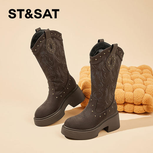 星期六复古民族风西部牛仔粗跟长靴SSC4116E4N 商品图0