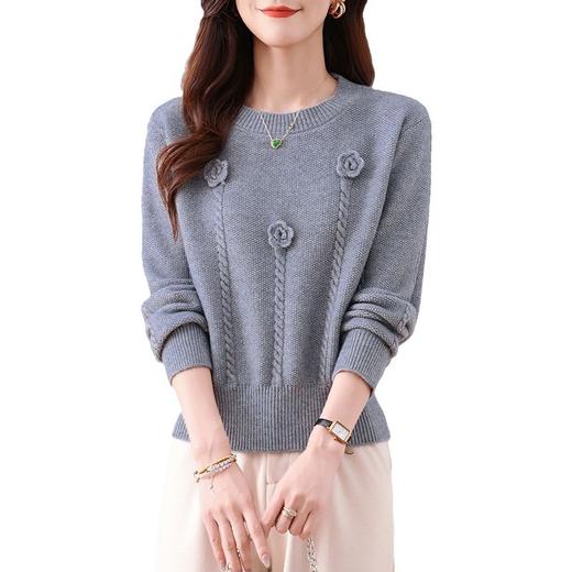 CC-101-56729短款毛衣女2024新款秋冬圆领立体玫瑰花小个子套头针织打底衫上衣 商品图4