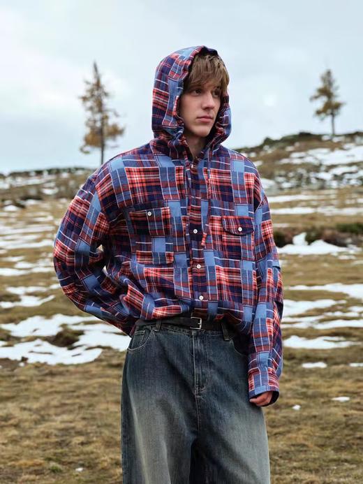 Evistub/E-4DCS939/色织美式复古刷毛格子连帽衬衫外套 商品图1