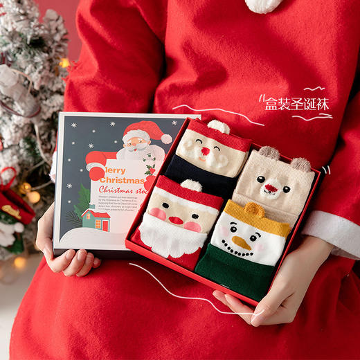 袜子女秋冬礼盒装圣诞袜成人日系立体卡通本命年中筒棉袜大红长袜 商品图0