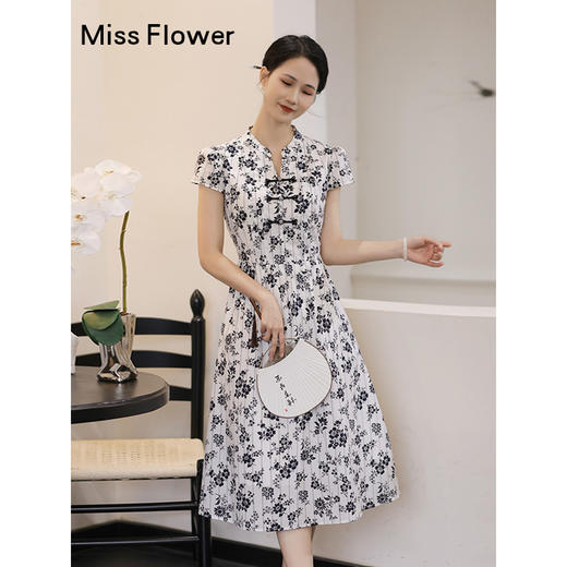 勿忘花黑色纯棉改良旗袍碎花连衣裙女夏季2025新款国风裙子新中式 商品图0