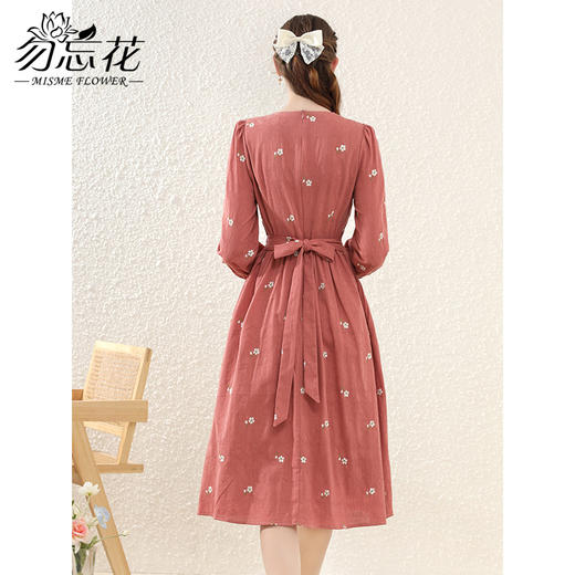 勿忘花红色纯棉碎花复古连衣裙春季新款刺绣气质裙子 商品图3
