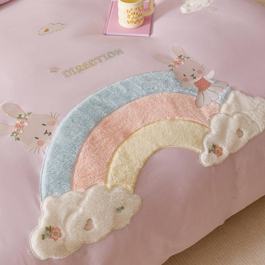 全棉卡通奶油风刺绣彩虹奶兔四件套 四季可用纯棉马卡龙套件 商品图3