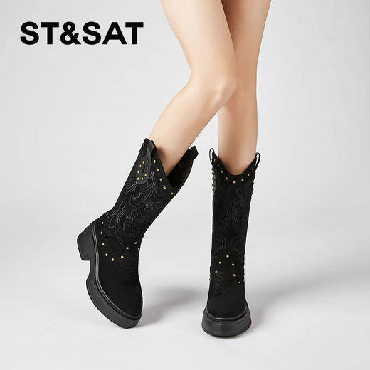 星期六复古民族风西部牛仔粗跟长靴SSC4116E4N 商品图3