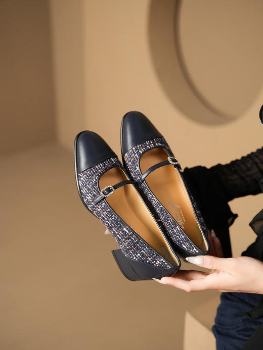 豪麟名鞋进口迪嘉女鞋玛丽珍鞋牛皮革+织物F24373P蓝色 商品图2