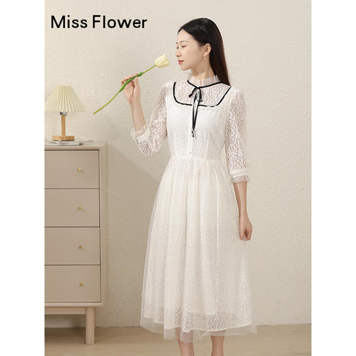 勿忘花白色法式蕾丝连衣裙女2025早秋季新款穿搭温柔风显瘦裙初秋 商品图0
