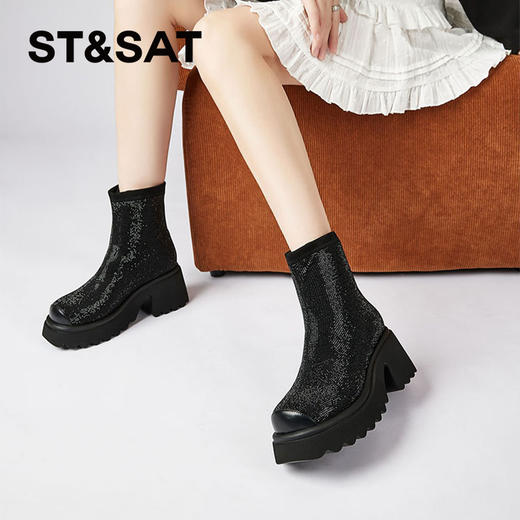 星期六摩登闪钻拼接厚底瘦瘦靴SSC4116E6W 商品图2