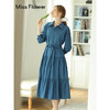 勿忘花蓝色纯棉气质Polo连衣裙春季新款衬衫裙收腰早秋长裙 商品缩略图0