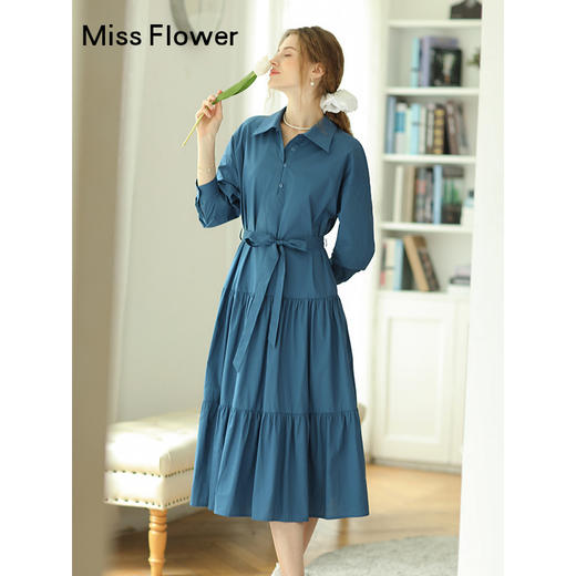 勿忘花蓝色纯棉气质Polo连衣裙春季新款衬衫裙收腰早秋长裙 商品图0