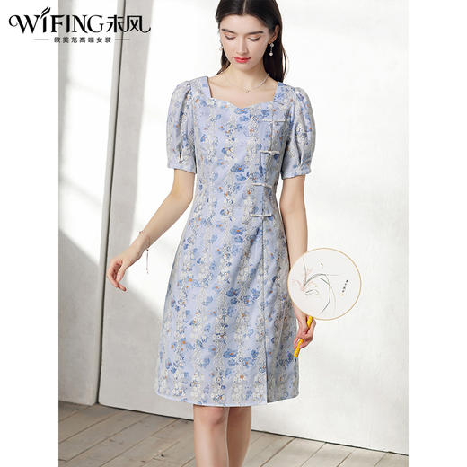 未风蓝色雪纺连衣裙女夏2024年夏季新款女装气质改良旗袍显瘦裙子 商品图3