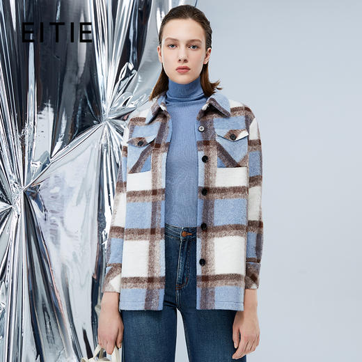 EITIE爱特爱冬季新款复古翻领撞色毛呢格子大衣外套7614330 商品图0