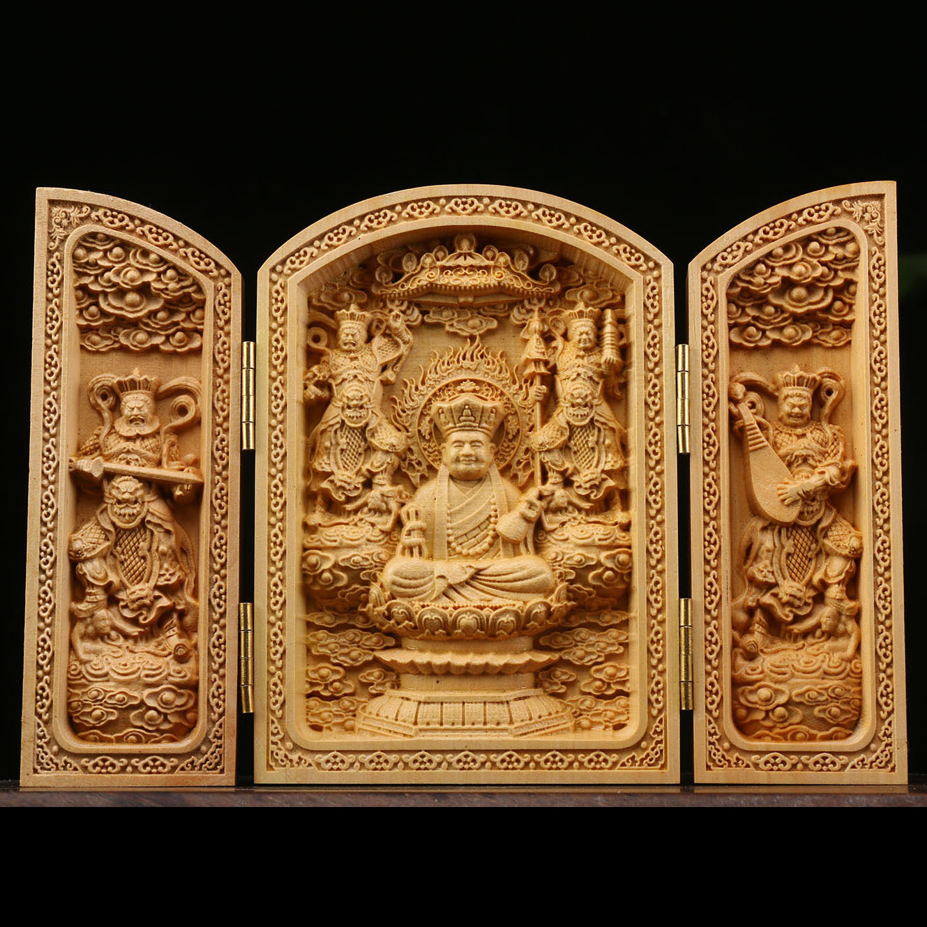 众佛 | 黄杨木雕，扁三开盒，随身佛龛摆件