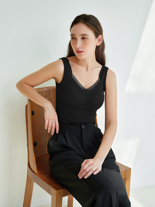 官网499！秋冬三合一带胸垫羊毛蚕丝保暖背心女 V领网纱免穿文胸内搭打底 商品图5