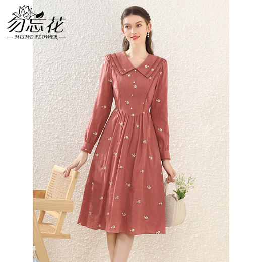 勿忘花红色纯棉碎花复古连衣裙春季新款刺绣气质裙子 商品图1