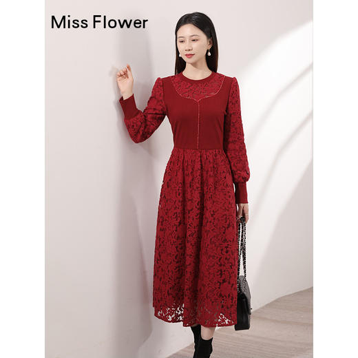 红色蕾丝连衣裙春季新款加绒连身裙长袖过年穿的裙子 商品图3