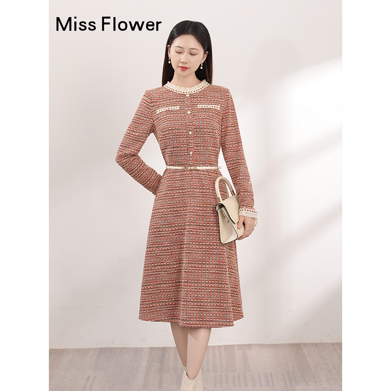 小香风连衣裙新款女装秋季长袖裙子气质高级感穿搭过年战袍