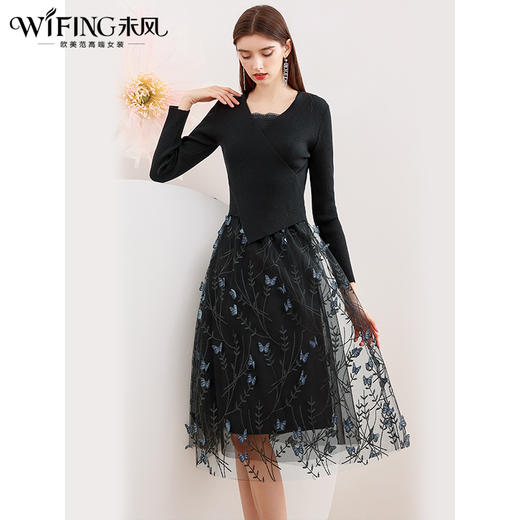 未风黑色套装连衣裙女秋2024秋季新款女装气质针织网纱拼接两件套 商品图0