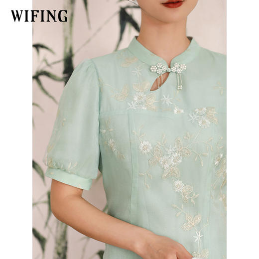 未风绿色新中式国风连衣裙女2024年新款夏季女装气质网纱绣花裙子 商品图2