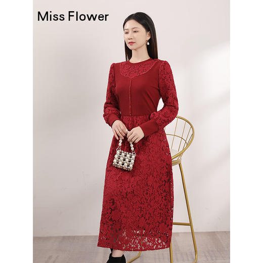 红色蕾丝连衣裙春季新款加绒连身裙长袖过年穿的裙子 商品图2