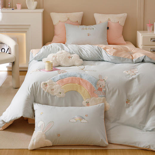 全棉卡通奶油风刺绣彩虹奶兔四件套 四季可用纯棉马卡龙套件 商品图7
