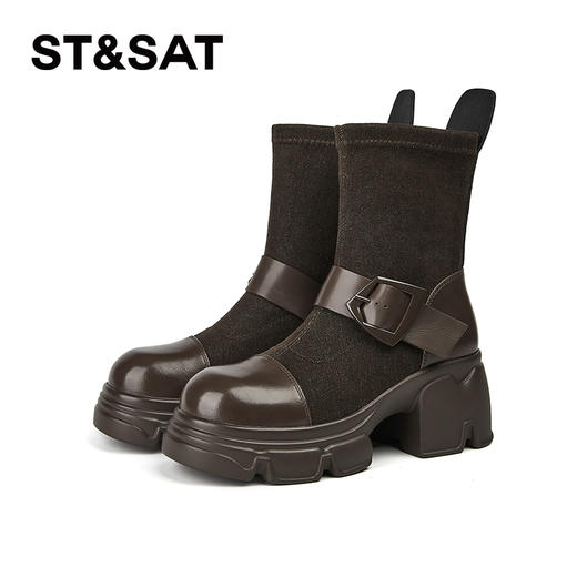 星期六时尚扣带弹力拼接厚底增高加绒瘦瘦靴SSC4118E87 商品图7