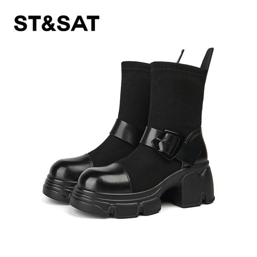 星期六时尚扣带弹力拼接厚底增高加绒瘦瘦靴SSC4118E87 商品图6