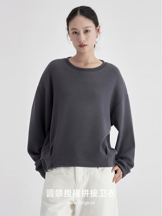 weyo秋冬女纯色羊毛暖绒圆领捏褶拼接卫衣880059 商品图0