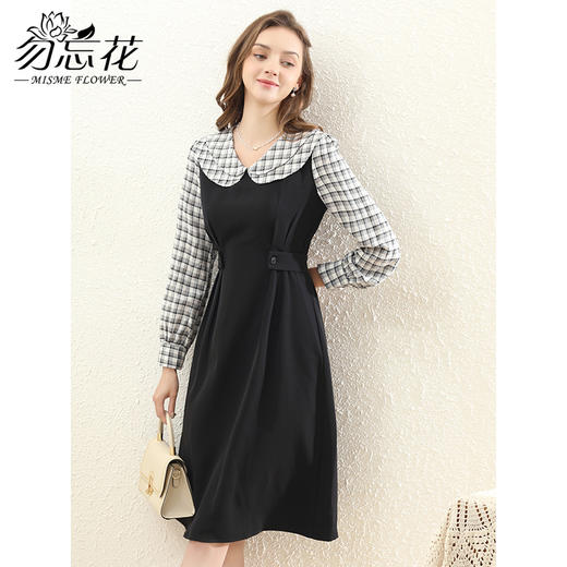 勿忘花黑色格子娃娃领连衣裙2025春女装新款假两件裙子春季穿搭 商品图2