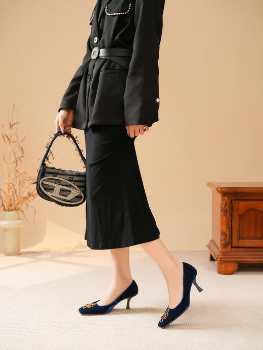 豪麟名鞋LORIBLU女鞋皮鞋丝绒LR48P蓝色 商品图1