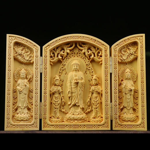 众佛 | 黄杨木雕，扁三开盒，随身佛龛摆件 商品图4