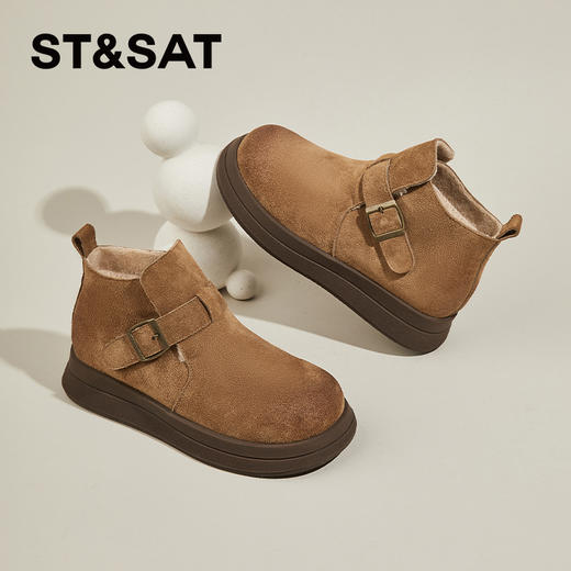 星期六复古扣带保暖绒里百搭短靴SS341121IG 商品图0