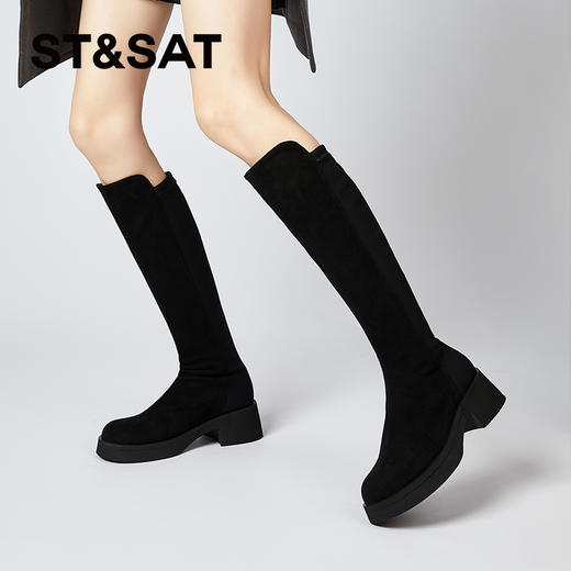 星期六简约百搭弹力拼接绒里厚底瘦瘦靴SS341191FU 商品图4