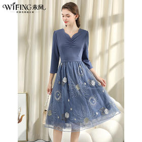 未风蓝色网纱拼接连衣裙女秋2024年秋装新款女装气质高腰显瘦裙子