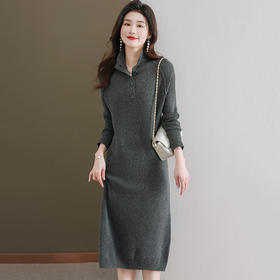 CC103-89960 针织羊毛连衣裙2024秋冬新款宽松过膝加厚保暖长款打底过冬裙子