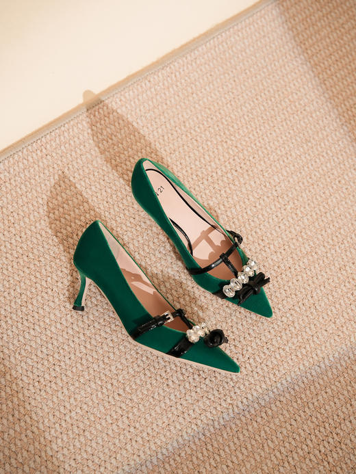 豪麟名鞋N°21 女鞋玛丽珍鞋丝绒N18026P绿色 商品图3