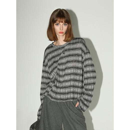 COCOBELLA设计感立体抽褶条纹针织衫毛边休闲舒适毛衣TS7008 商品图1