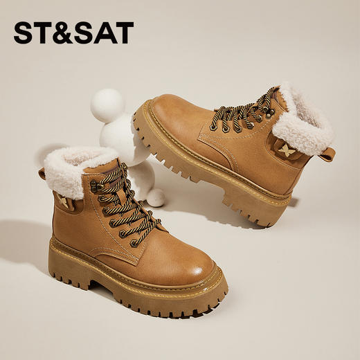 星期六经典复古保暖毛领厚底工装鞋SS341181EW 商品图0