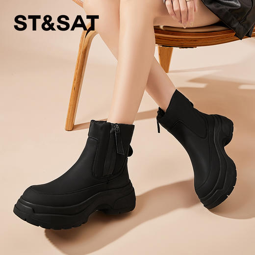 星期六时尚利落拼接绒里厚底短靴SS341181GM 商品图5