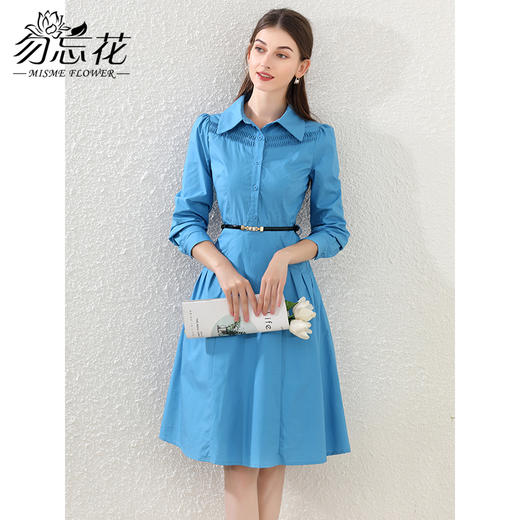 勿忘花蓝色纯棉气质小个子连衣裙女2024秋装新款衬衫收腰显瘦裙子 商品图0