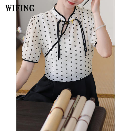 未风黑色圆点新中式连衣裙2025年新款夏季女装气质拼接假两件裙子 商品图2