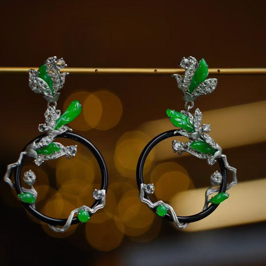 龢盒原创 庭院深深醉画堂 玉兰树下坐春风黑玛瑙翡翠耳环 商品图0