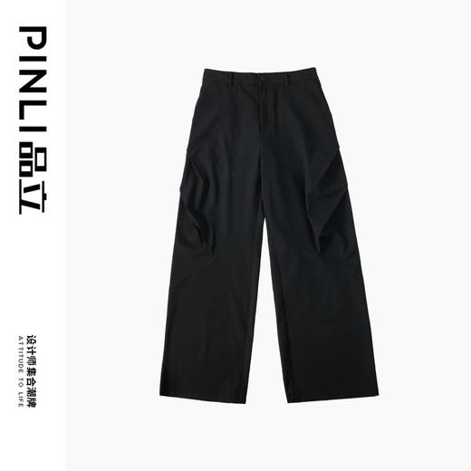 PINLI品立春秋新款男士黑色褶皱直筒裤潮牌百搭时尚休闲长裤B243117102 商品图4