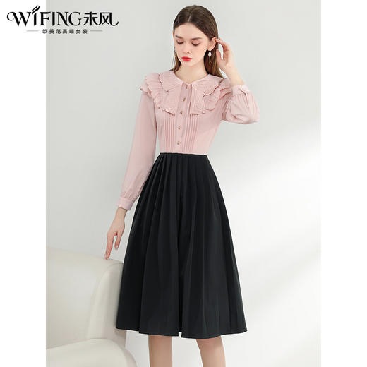 未风娃娃领长袖连衣裙春季新款女装气质假两件减龄裙子 商品图1