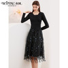 未风黑色套装连衣裙女秋2024秋季新款女装气质针织网纱拼接两件套 商品缩略图1