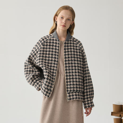 谜底千鸟格外套女2024冬新品复古棒球领拼接大廓形夹克244MW1685 商品图0