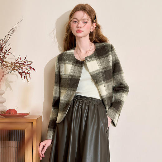 小香风格纹短款圆领外套女秋冬简约优雅保暖呢料外套V4242922 商品图2