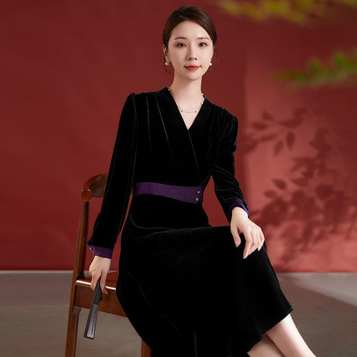 优雅气质真丝丝绒，V领收腰撞色连衣裙SM-82498512 商品图2